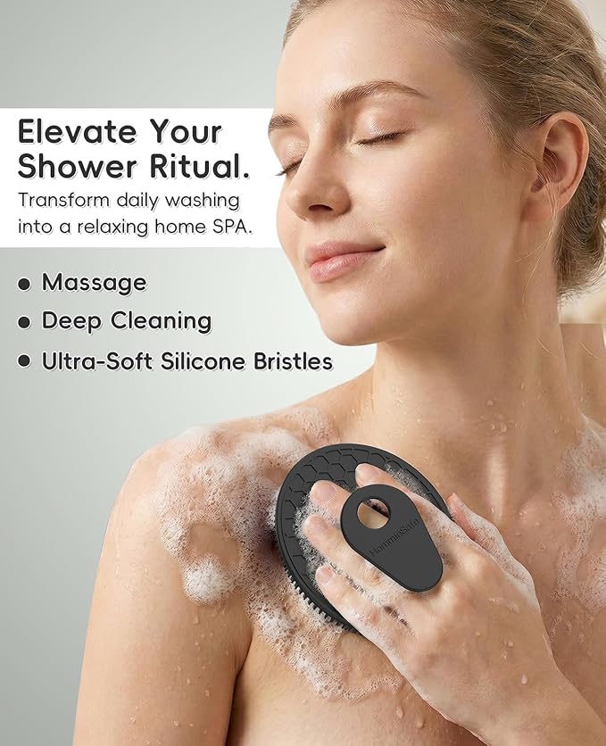 4 Pack Soft Silicone Shower Brush Body Wash Bath Exfoliating Skin Massage Scrubber, Dry Skin Brushing Glove Loofah, Fit for Sensitive and All Kinds of Skin(2Pack Black+Mint+Blue)