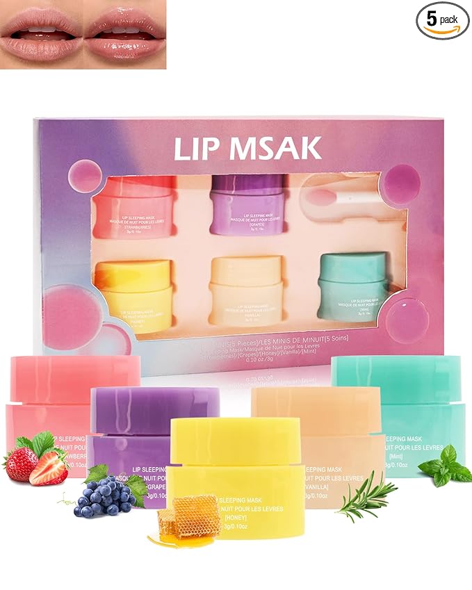 Lip Sleeping Mask Set-5 Pcs Moisturize & Nourish Lip Balm,Repair for Dry Cracked Lips,Deep Hydrating Lip Moisturizer Overnight Lip Balms,Women's Day Treatment Lip Care Gift for Women Men