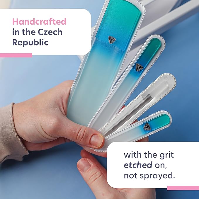 Bona Fide Beauty Handmade Czech Glass Manicure Pedicure Gift Set for Women, 4PC Gift Set in Blue with Glass Foot File, Cuticle Pusher, Mini File and Regular Nail Filer