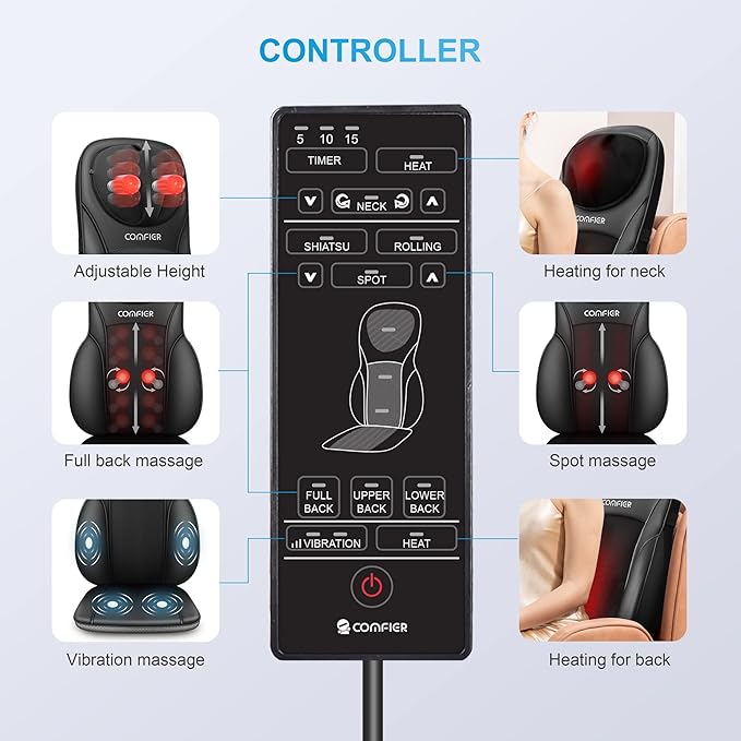 COMFIER Shiatsu Back Massager with Heat, Deep Kneading & Rolling Massage Chair Pad, Chair Massager for Office Home Use Mothers Day Gifts for Womem