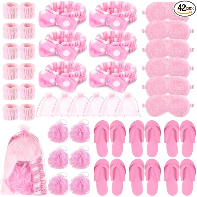 Moucuny 42 Pcs Summer Spa Sleepover Party Supplies Bulk for Women Include 6 Pink Hairbands 6 Eye Masks 12 Wristbands 6 Bath Loofahs 6 Pairs Disposable Slippers 6 Organizer Bags(Bright)