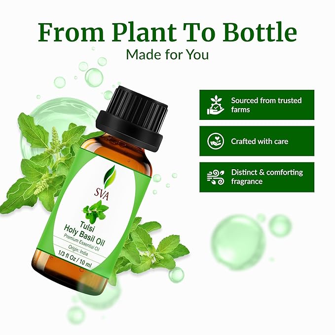 SVA Holy Tulsi Essential Oil – 1/3 Fl Oz – 100% Natural Tulsi Oil - for Diffuser, Hair Care, Face, Skin Care, Aromatherapy, Scalp and Body Massage, Soap and Candle Making