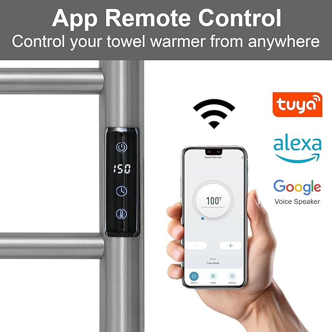 Electric Towel Rack with Voice Control for Alexa & Google Home,TUYA-Wall-Mounted Bathroom Heating Towel Warmer,Plug-in,26.77x20.47x4.39in,Stainless Steel Material,Brushed，6 Bars