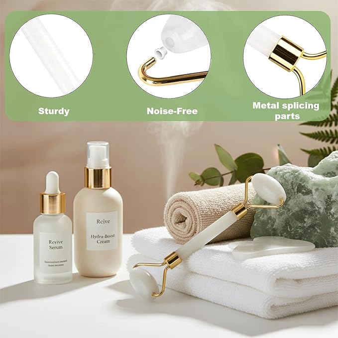 Gua Sha & Jade Roller Facial Tools Face Roller and Gua Sha Set for Puffiness and Redness Reducing Skin Care Routine, Self Care for Men Women (White)
