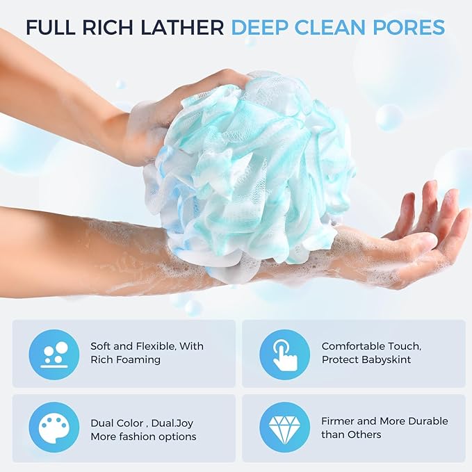 DadyMart Shower Loofah Sponge Pouf – XL Exfoliating Bath Puff Body Scrubber, Soft Mesh Shower Sponge with Reinforced Knot, Rich Lather, Set of 4 for Women and Men