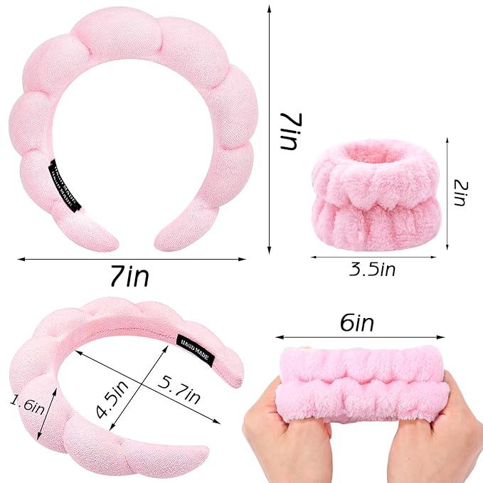 Zkptops 6Pcs Spa Headband for Washing Face Wristbands Set Women Bubble Makeup Sponge Terry Cloth Padded Puffy Skincare Headband Bow Tie Hairband Cute Non Slip Thick Hair Accessory Gifts(Pink)