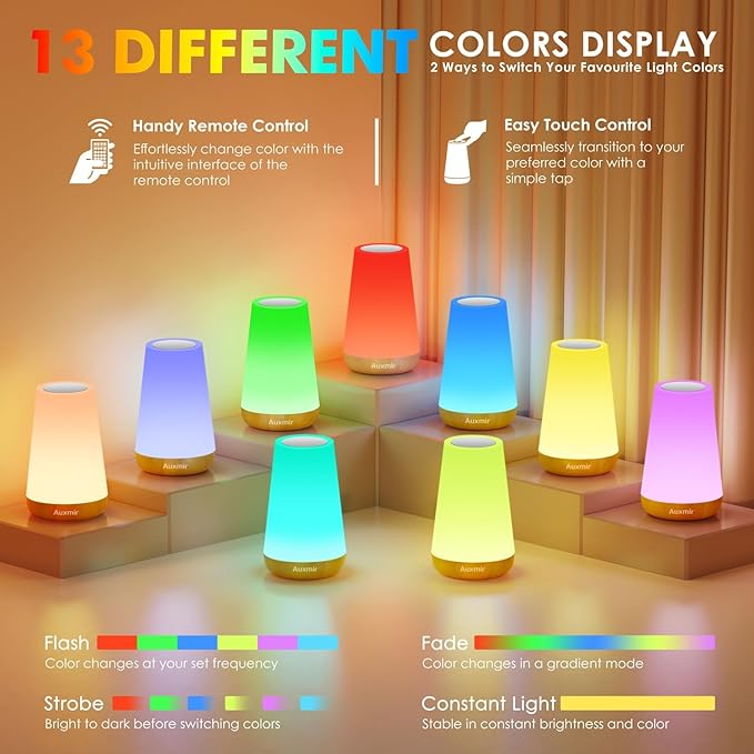Auxmir LED Night Light Bedside Lamp Touch and Remote Control Dimmable Tabletop 13 RGB Colors Changing 5 Brightness Adjustable Rechargeable Portable Lamp for Baby Kids Nursery Bedroom Bathroom Camping