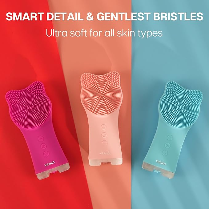 VRAIKO MIA Facial Cleansing Brush, Waterproof Rechargeable Face Cleansing Brush, with Soft Silicone and Adjustable Sonic Vibration, for Deep Cleansing Gentle Exfoliating and Massaging (Blue)
