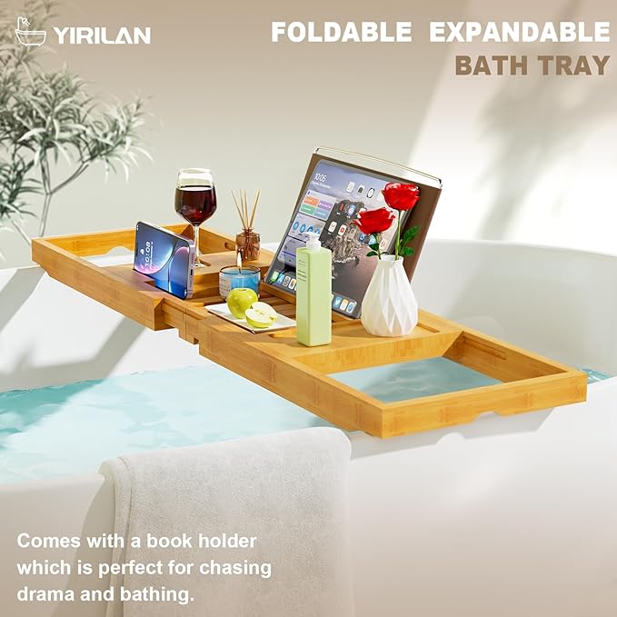 Yirilan Bathtub Trays for Tub,Bath Tray, Foldable Bathtub Caddy,Bathtub Caddy Tray for Tub - Foldable Bamboo Bath Table Tray