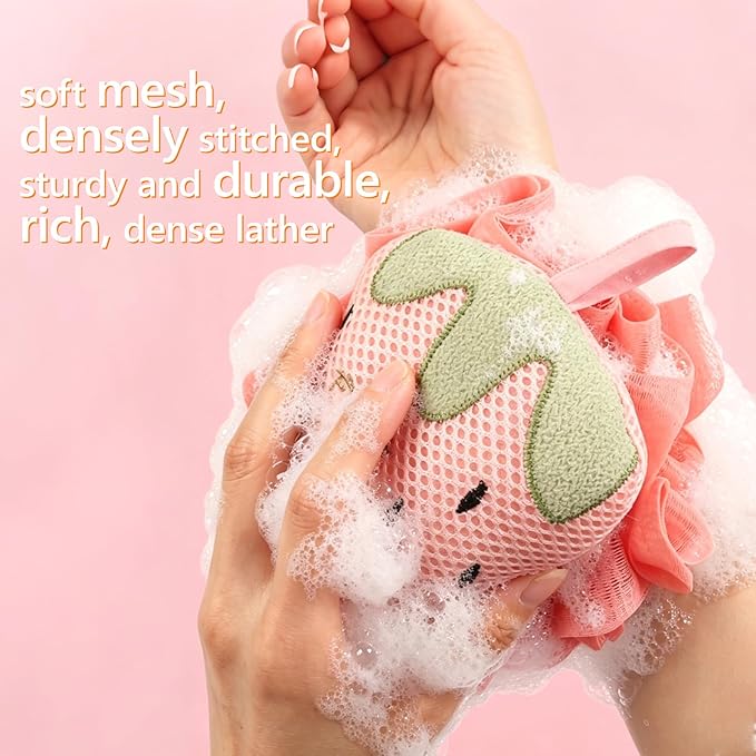 Kids Loofah, Cute Cartoon Animal Kids Bath Sponge with Hanging Rope, Soft Double Mesh for Rich Lather (Pink Strawberry)