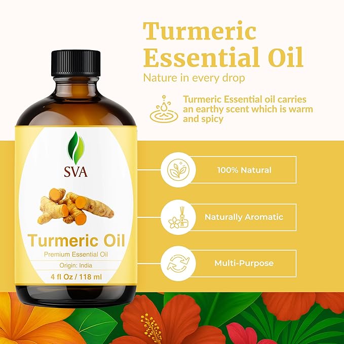 SVA Turmeric Essential Oil – 4 Fl Oz – 100% Natural Turmeric Oil - for Diffuser, Hair Care, Face, Skin Care, Aromatherapy, Scalp and Body Massage, Soap and Candle Making – with Dropper