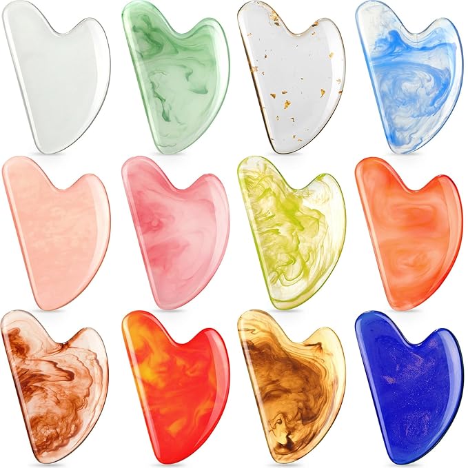 Sherr 12 Pcs Gua Sha Facial Tools Resin Heart Shaped Massage Guasha Tool for Face Guasha Board for Face Body Skin Massage Spa Acupuncture Prevent Wrinkles, 12 Colors(Fresh Color)