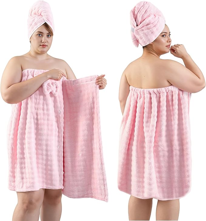 REDKISS Pink Plus Size Towel Wrap for Women, XL Adjustable Shower Wrap with Hair Towel, Super Absorbent Bath Towels Wrap for Body, Microfiber Plush Towel Wrap, Warmth Velcro Plus Size Wraps Towels