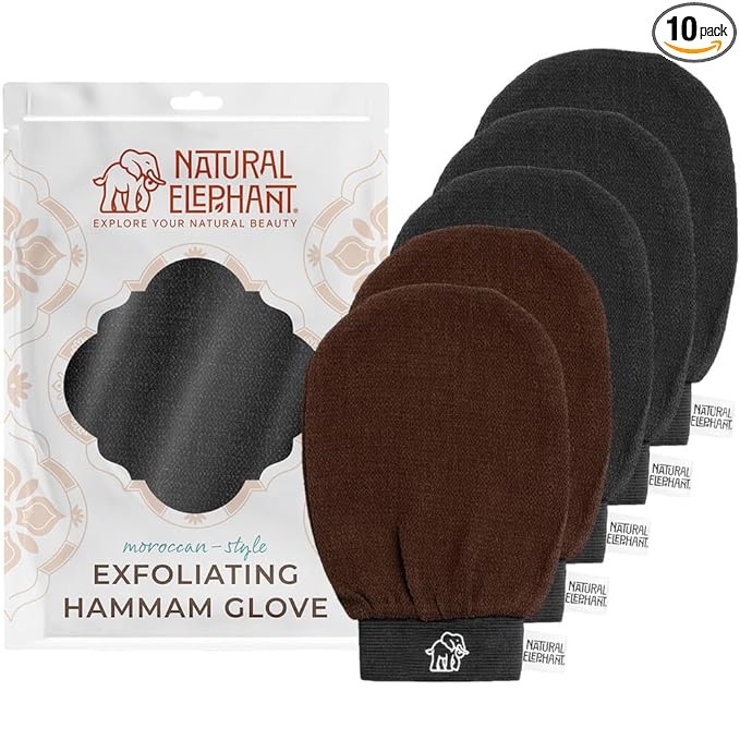 Natural Elephant Exfoliating Hammam Glove - Face and Body Exfoliator Mitt 5 and 10 Packs (3 Black, 2 Brown (Pack of 5))