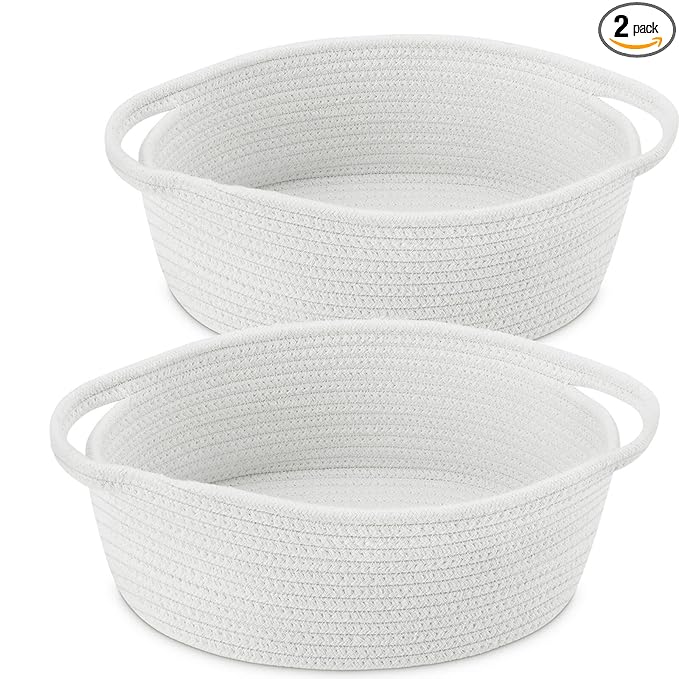 ABenkle Small Basket with Handles, Boho Decorative Rope Woven Dog Cat Toy Storage Bin Shelf Storage Organizer, Easter Christmas Gift Basket, 12"x8"x5", 2 Pack