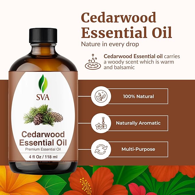 SVA Cedarwood Essential Oil – 4 Fl Oz – 100% Natural Cedar Cupressus Funebris Oil - for Diffuser, Hair Care, Face, Skin Care, Aromatherapy, Scalp and Body Massage, Soap and Candles - with Dropper