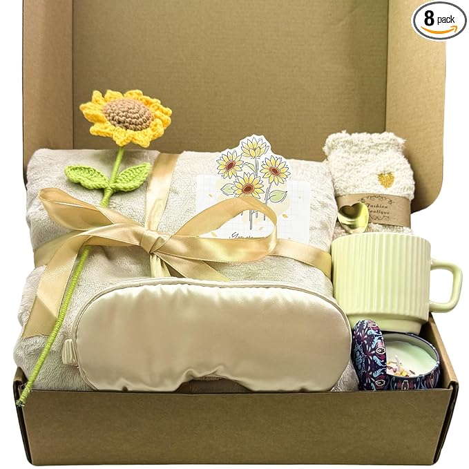 Sunflower Gift Baskets for Women, Self Care Package with Shoulder Wrap, Socks, Candle, Mug & Greeting Card - Birthday, Get Well, Thinking of You Gifts for Mom Wife Best Friend - Light Camel
