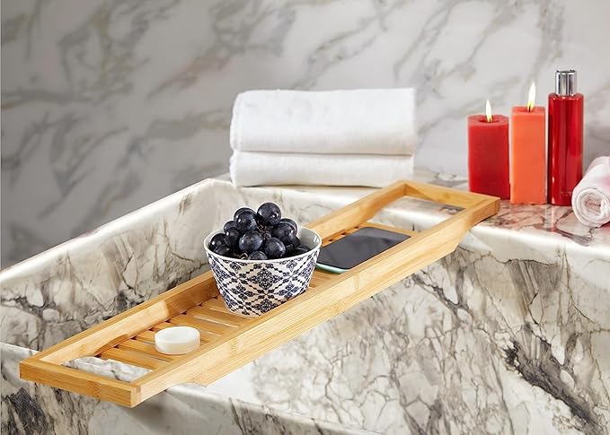 RoyalHouse Bamboo Bath Caddy Tray for Bathtub, with Book and Wine Glass Holder, Attractive Design, Suitable for Luxury Spa or Reading, Ideal Gift for Family & Friends (Pack of 2)