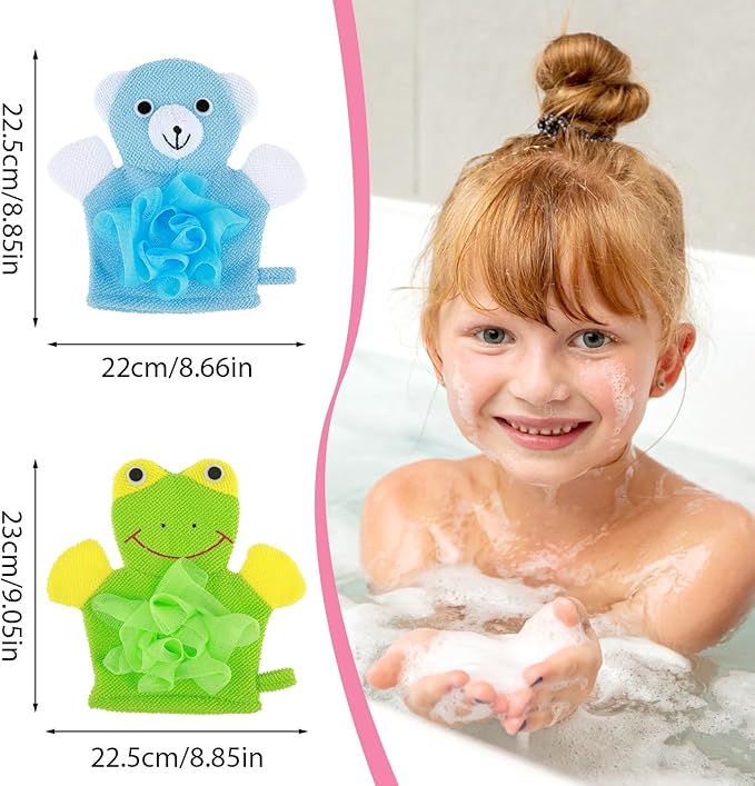 Bath Gloves Loofah for Kids, 2 Pcs Cute Animal Kids Sponges Shower Gloves Loofah Colorful Exfoliating Body Scrubber for Baby Gentle Soft and Easy to Lather (Blue Bear, Green Frog)