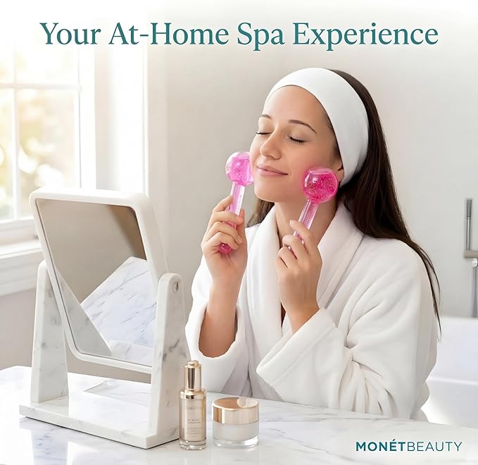 MonétBeauty Ice Globes for Face, Freezer Safe and Highly Effective Facial Globes for Daily Beauty Routines, Face Roller to Tighten Skin, Reduce Puffiness, Enhance Circulation and Complexion (Pink)