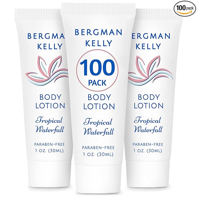 BERGMAN KELLY - Travel Size Lotion - 1 fl oz, 100 PK, Tropical Waterfall - Delight Your Guests w/Invigorating & Refreshing Body Lotion - Quality Mini & Small Size Guest Hotel Toiletries in Bulk