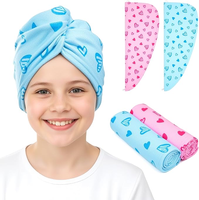 Unicorn Castle Microfiber Hair Towel for Kids 2Pack Hair Wrap Towels Absorbent Hair Drying Towel Wrap Hair Turbans for Curly Thick Hair,Pink Blue Heart