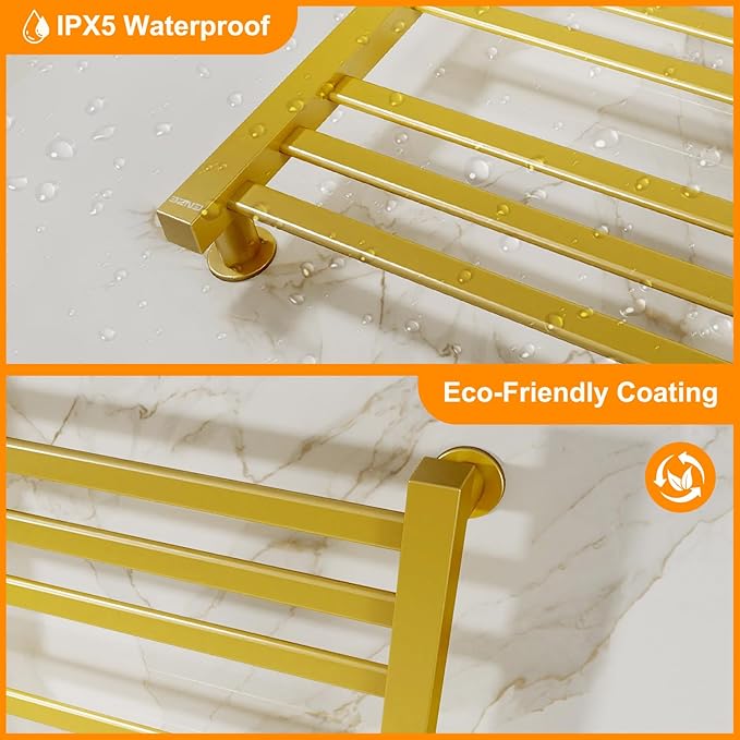 ENZE Smart Heated Towel Rack, 12-Bar Wall-Mounted Electric Towel Warmer 320W, Wi-Fi App Control & LED Touch Screen, Adjustable Temperature & 24H Timer, IPX5, Plug-in/Hardwired, Gold, Low Carbon Steel