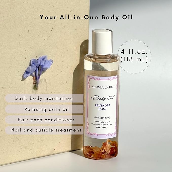 Olivia Care Body Oil Lavender Rose Vegan & Natural Perfume Oil For Women | Hydrating After Bath Oil- Infused with VITAMIN E, K & Omega Fatty Acids - Reduce Dry Skin, Anti-Aging (Lavender Rose)