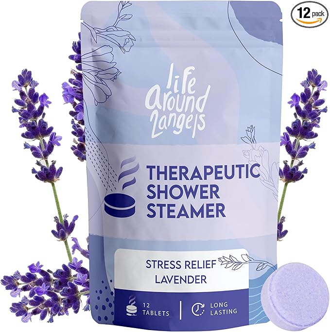 Lifearound2angels Therapeutic Shower Steamer 12 Pack Made in USA Stress Relief Lavender Shower Vapor Shower Bomb Tablets Self Care Relaxation Gifts for Women Spa Christmas Gifts Stocking Stuffer
