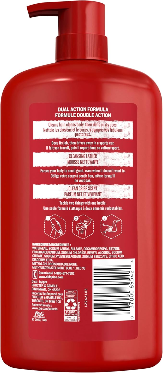 Old Spice Refreshing 2-in-1 Body & Face Wash for Men, High Endurance, 3X Defense, 24/7 Shower Fresh with Lasting Scent, Crisp Scent, 33.4 oz (Pack of 4)