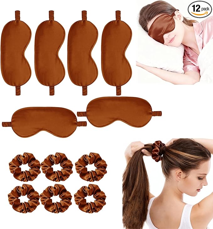 12Pcs Silk Sleep Masks Satin Eye Mask Silky Eyes Cover Blindfold Eyeshade Hair Ties Scrunchy Travel Bridesmaids Gifts