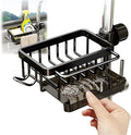 Sink Organizer Rack for Kitchen and Bathroom, 2025 New Stainless Steel Detachable Hanging Faucet Drain Rack with Drip Tray Faucet Sponge Holder for Bathroom, Scrubbers, Soap (Black, Left)