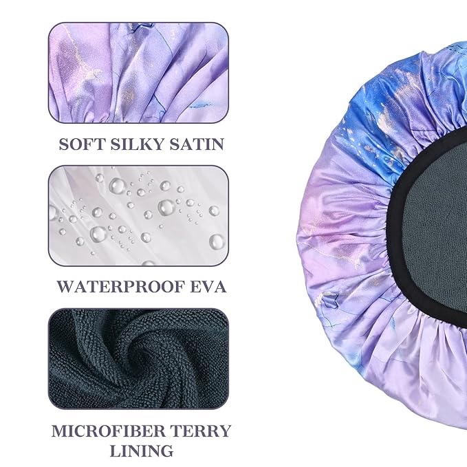 Purple Marble Print Satin Shower Cap, Three-Layer Terry Cloth Lined, with Silk Hair Ties, Microfiber Waterproof Reusable Large Size Shower Cap for Women Long Thick Hair