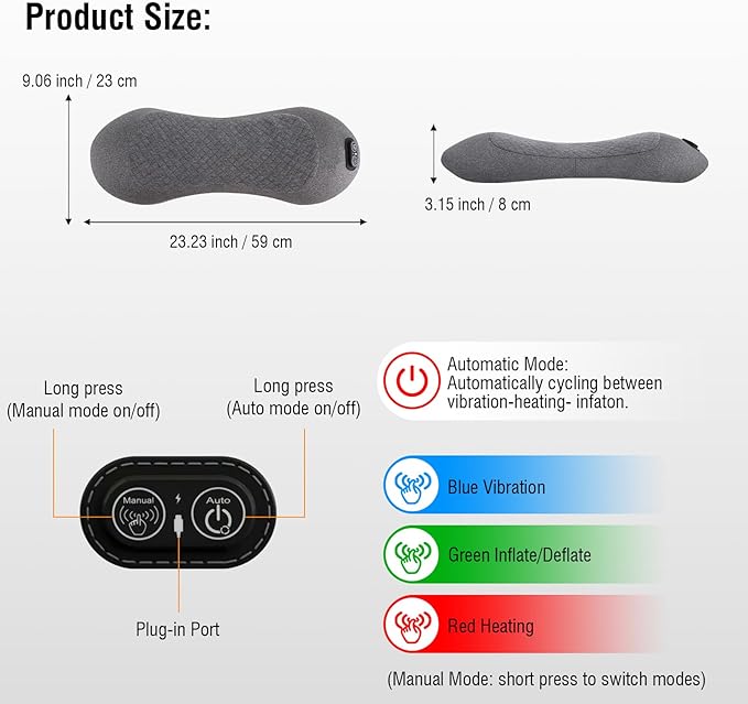 USUIE 3-in-1 Rechargeable Electric Lumbar Support Pillow with Heat & Massage & Traction, Ergonomic Lower Back Massager for Pain Relief Deep Tissue, Ideal for Car/Bed/Sleeping/Office Chair/Travel