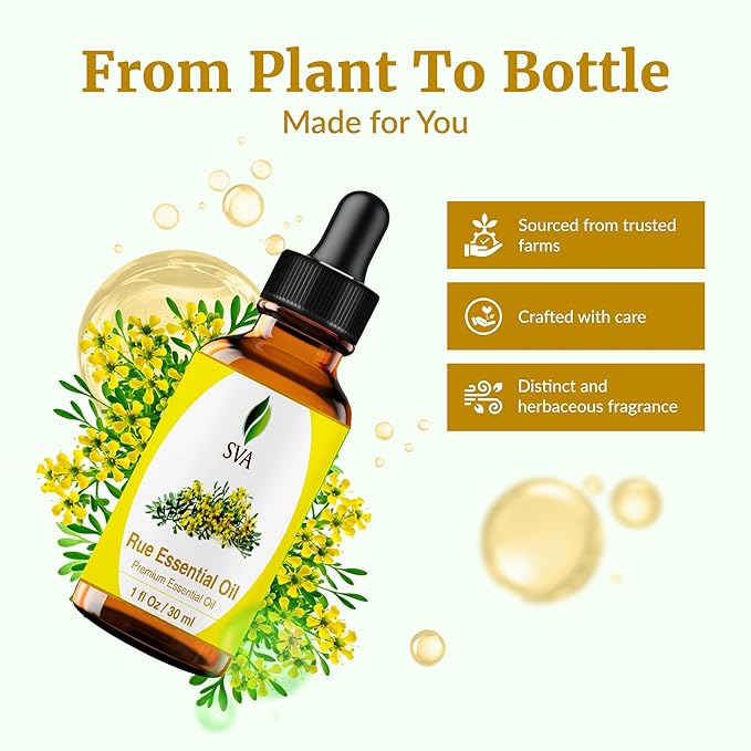 SVA Rue Essential Oil – 1 Fl Oz – 100% Natural Rue Oil - for Diffuser, Hair Care, Face, Skin Care, Aromatherapy, Scalp and Body Massage, Soap and Candle Making - with Dropper