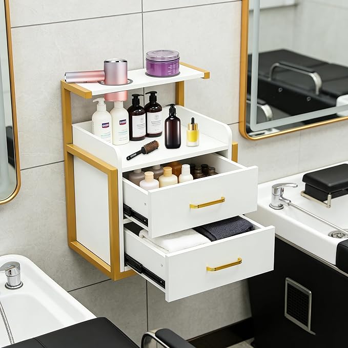 Suspended Salon Wall Cabinet with 2 Drawers & Hair Dryer Holder, Storage Cabinet for Hair Salon, Wall Mounted Styling Station, 15.75'' Wide Storage for Hair Salons, Spas, Home Use (Gold)
