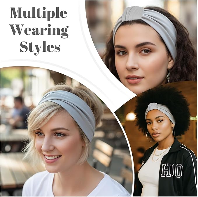2 Pack Women Cotton Stretch Headband, Soft Breathable Hijab Cap, Wide Elastic Non-Slip Sweat Wicking Hair Band for Makeup Spa Sport Workout Running Daily Wear