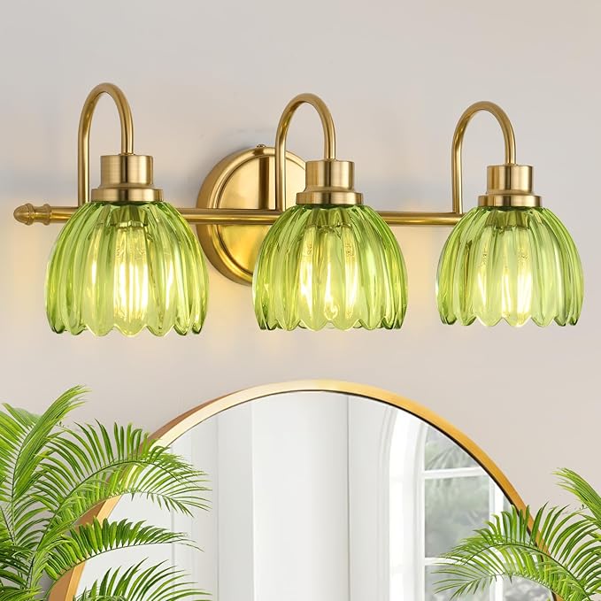 Bathroom Light Fixtures (3-Light, 20 Inch), Brushed Gold Vanity Lights for Bathroom with Ribbed Green Tulip Glass Shade, Vintage Vanity Wall Lights for Mirror Bedroom Living Room Hallway