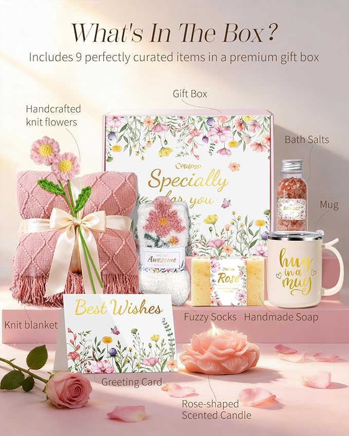 Coralogo Self Care Gift Baskets for Women - Rose Scent Pink Birthday Gifts Box for Women Get Well Soon Unique Mothers Day Relaxing Spa Gift Basket with Knit Blanket for Wife Mom Girlfriend Sister Her
