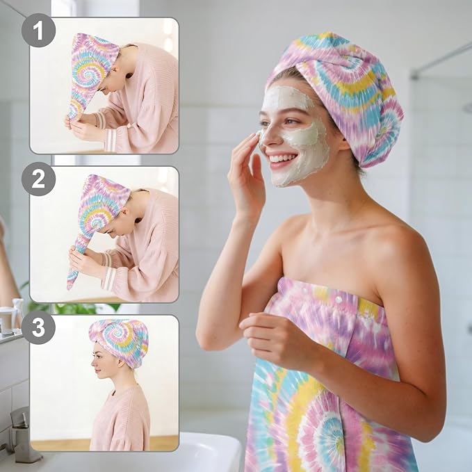 Absorbent Bath Towel Wrap Set for Women, Blue Tie-Dye Print Towel Wrap After Shower, Microfiber Shower Robe Body Towel Wraps for Women, Quick Dry Hair Towels Wraps for Spa Hotel Beach Girl