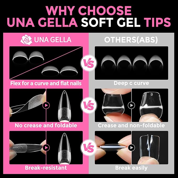 UNA GELLA Long Stiletto Gel Nail Tips: 216pcs Halloween Stiletto Almond Fake Nails Pre-shape Long Almond Press Ons for Full Cover Acrylic French False Nails For Nail Extension DIY Salon 12 Sizes