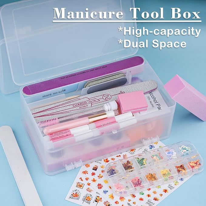 Lokyango Plastic Storage Personal Box for Nail, 2 Pack Double-Layer Nail Implement Storage Box Organizer Case Manicure Tool Box for Nail Pedicure Supply Tools (C-clear-2pcs)