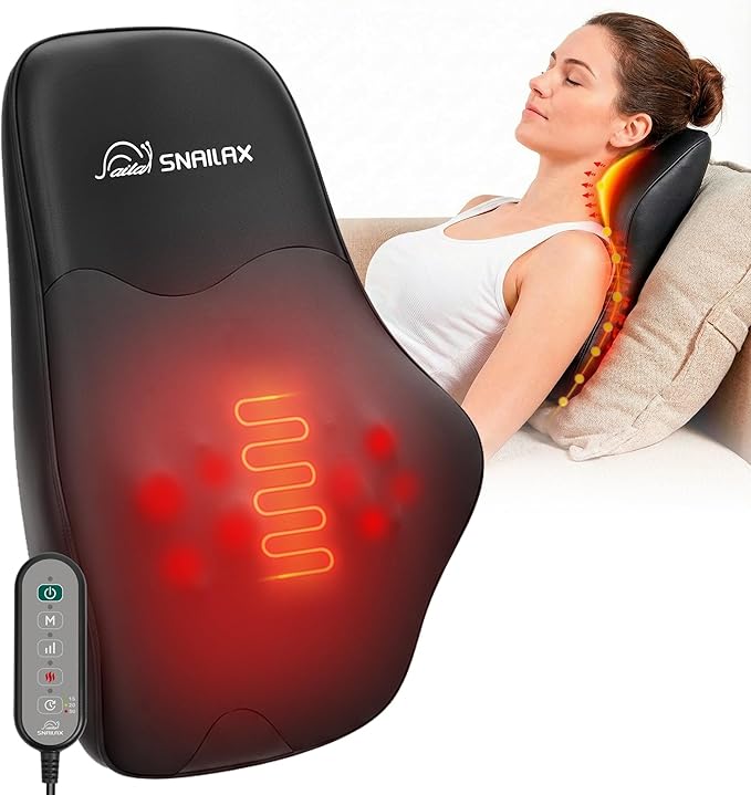 Snailax Shiatsu Back Massager with Heat, Neck Shoulder Massager for Pain Relief Deep Tissue, 4D Kneading Back Massage Pillow, 3 Speed/3 Modes Portable for Home Office Car Use