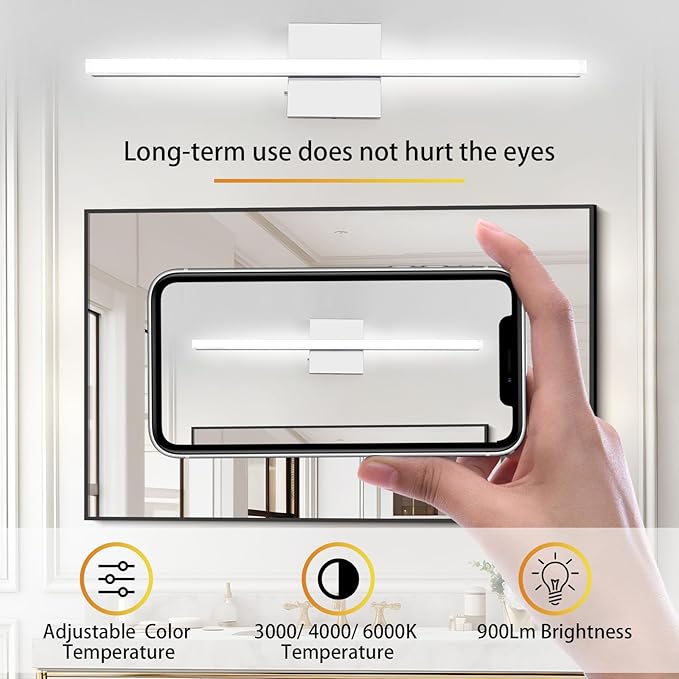 LED Bathroom Vanity Light 16in 3 Color Temperature Over Mirror Lighting Fixture Modern Indoor Chrome Wall Sconce Adjustable Lighting Color 3000K/ 4000K/ 5000K