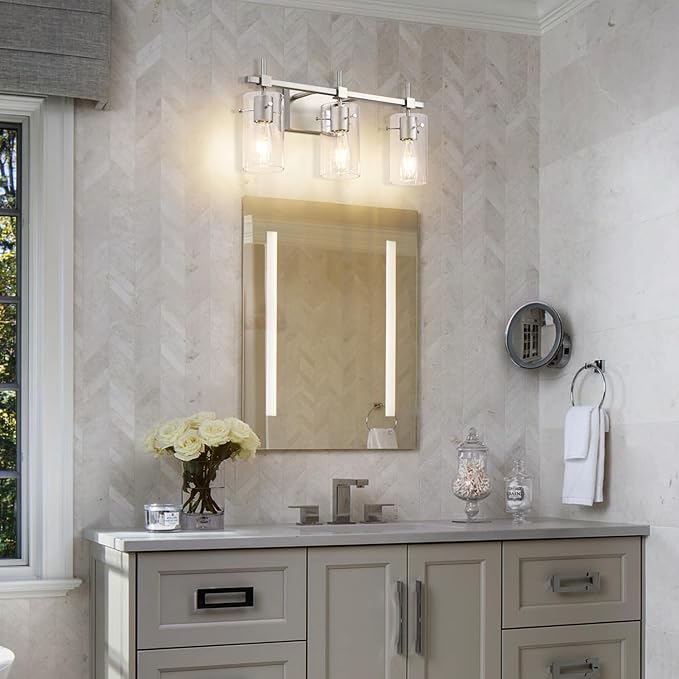 SOLFART 3 Lights Vanity Light Bathroom Light Fixture Over Mirror for Bathroom Glass Shade Lights Brushed Nickel Vintage Lighting Fixture