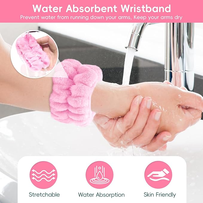 my novel things Hair Band for Washing Face, Adjustable Skincare Spa Headband and Wristband Set for Women Girl, Makeup Hair Headbands Cute Pink Versatile Fun Gift for Friend