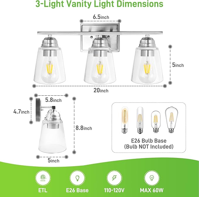 hykolity 3-Light Bathroom Vanity Light, 5-Piece All-in-One Bathroom Set, 20 Inch Modern Wall Lamp, Brushed Nickel Wall Sconce with Clear Glass Shade, Wall Lights for Bedroom, Living Room, Mirror