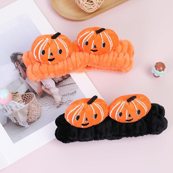 Spa Headband for Washing Face, 2 Pack Cute Halloween Hair Band for Shower Yoga Beauty, Fluffy Makeup Headband, Kawaii Facial Headbands for Woman Girls, Orange+Black Pumpkin