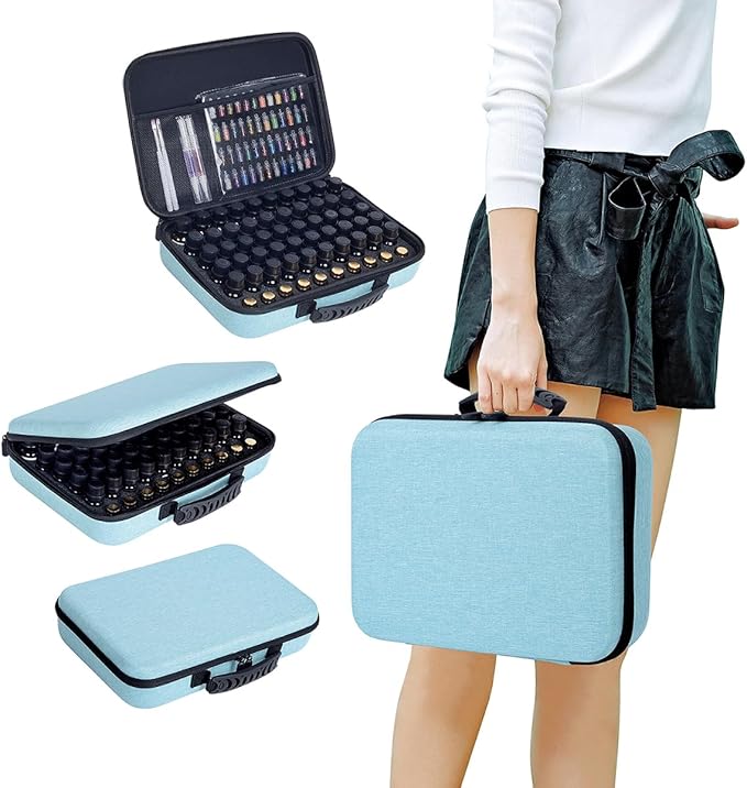 Essential Oils Carrying Case Holds 60 Grids for 1-3ML Roller Bottles 5ml, 10ml, 15ml Bottles Storage Organizer Bag Hard Shell EVA, Essential Oil Bag with Detachable Sponge Pad Sky Blue