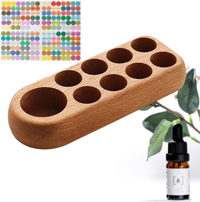 VolksRose 5~100ml 9 Holder Wooden Essential Oil Organizer - Storage Rack with Stickers - Elegant Travel & Display Stand for Essential Oils, Nail Polish, Perfume, Compact Shelf for Tabletop